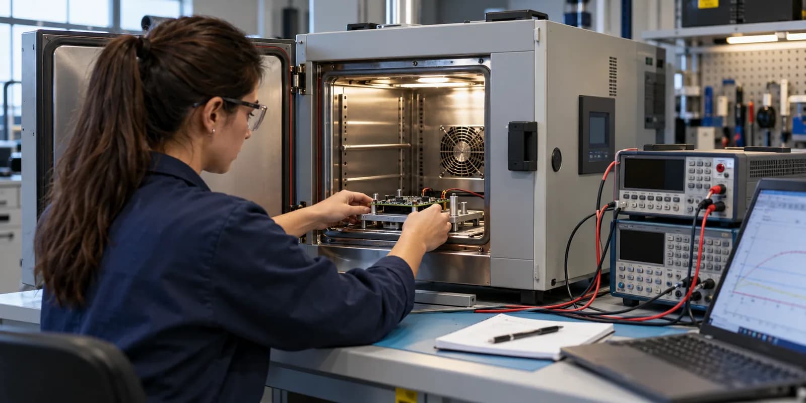 Engineer placing electronic test equipment in a thermal chamber beside a power supply and an oscilloscope