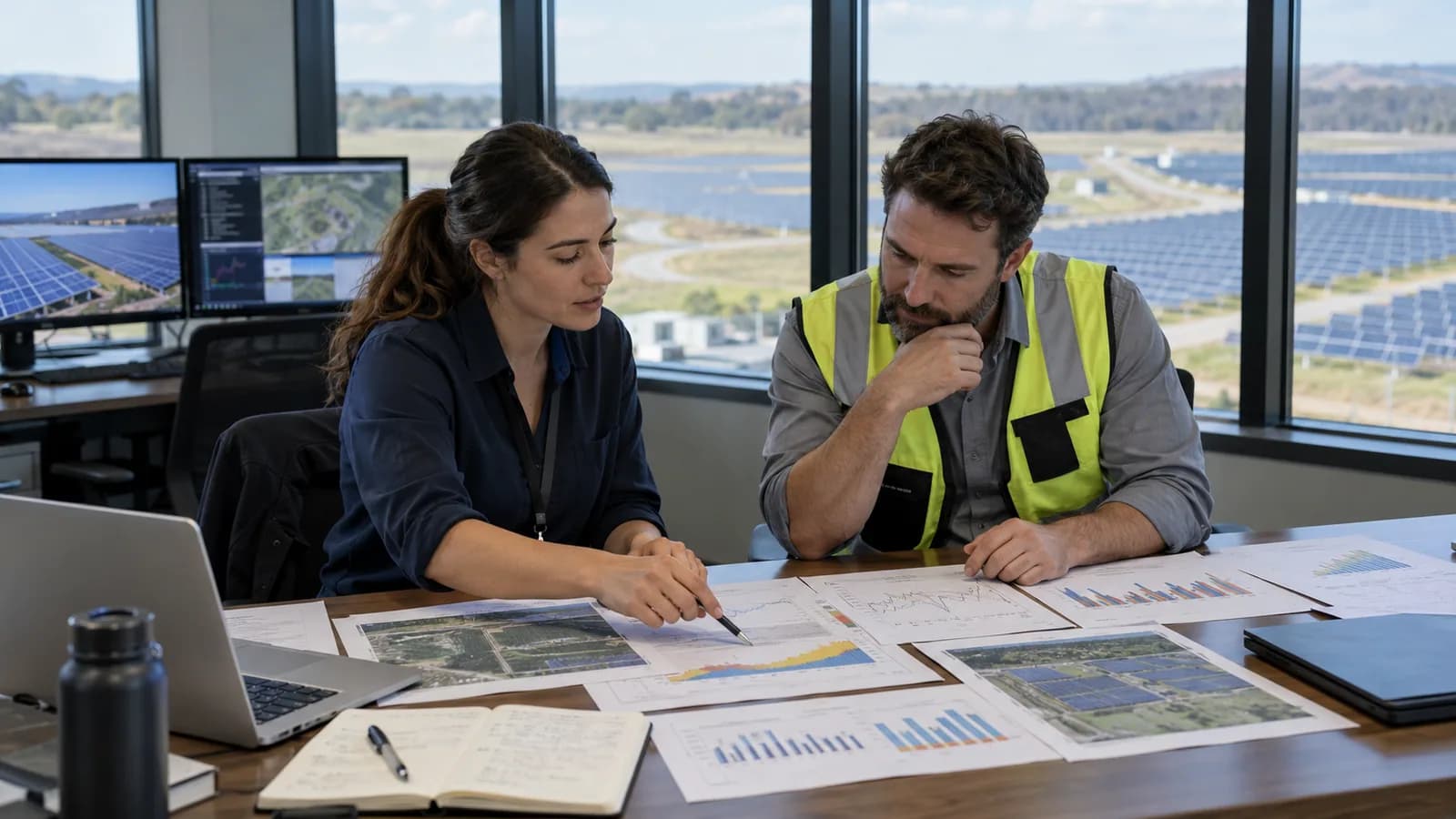 Energy analysts reviewing forecast plots with solar panels and monitoring equipment in the background