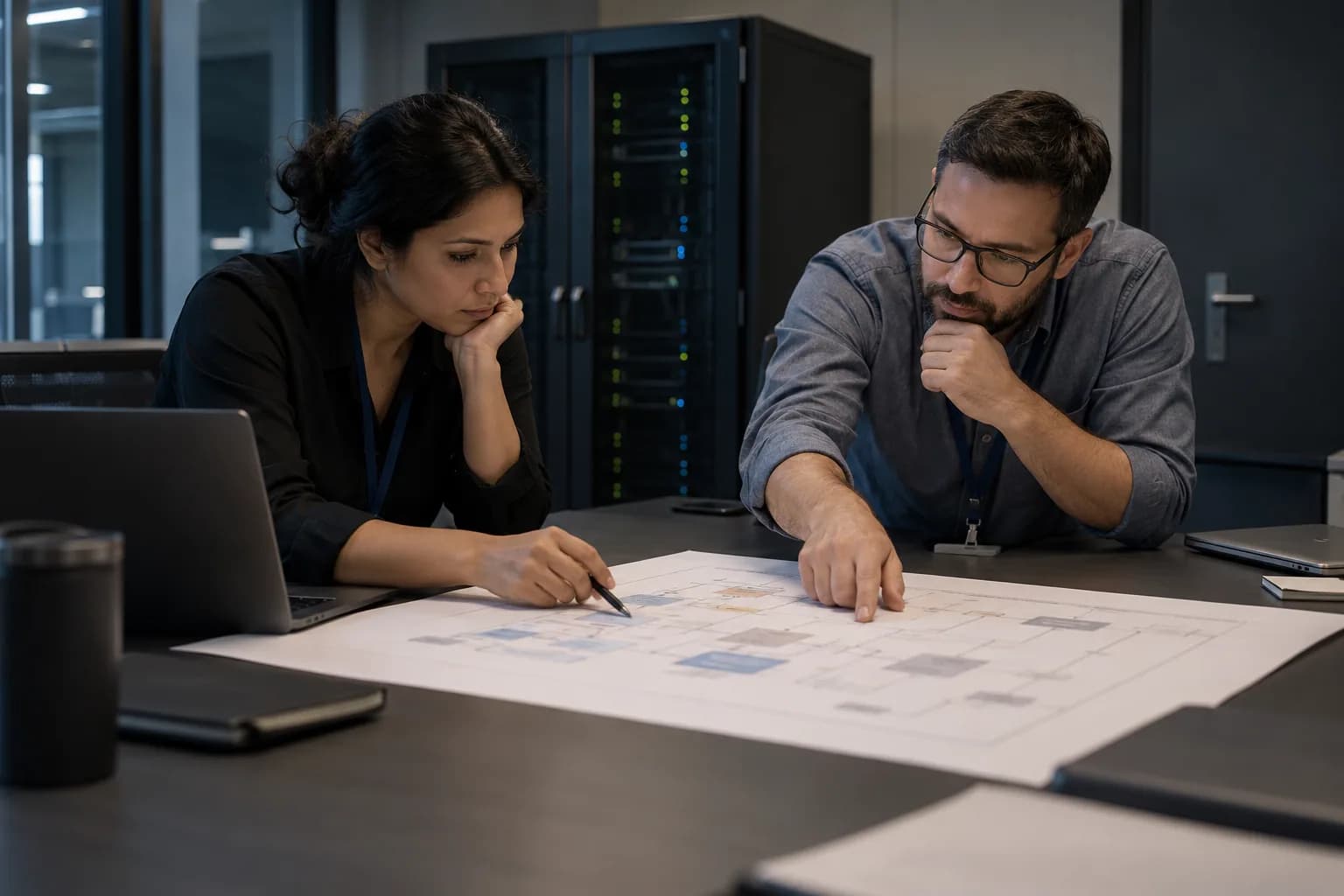 Engineers reviewing a data architecture diagram beside a server rack