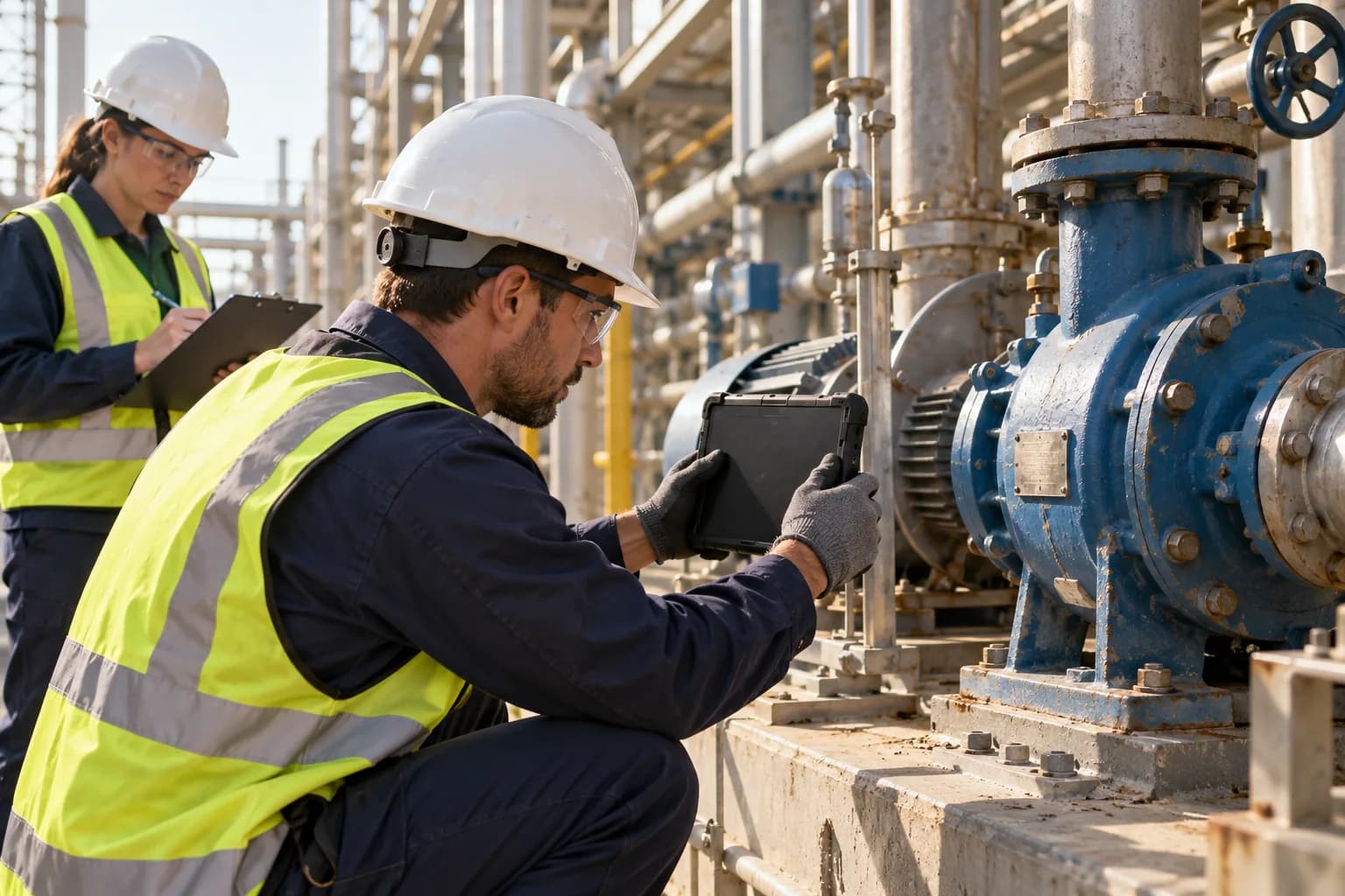 Field technician documenting pump maintenance with a tablet beside a colleague
