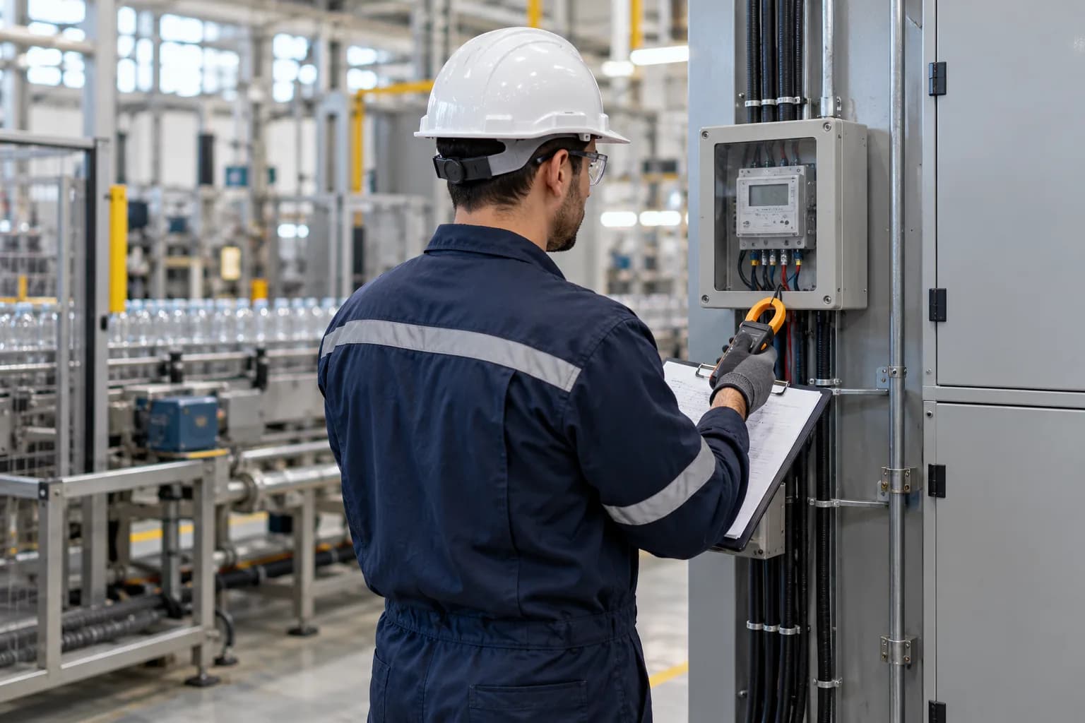 Üretim hattında enerji tüketimini ve çalışma koşullarını değerlendiren mühendis