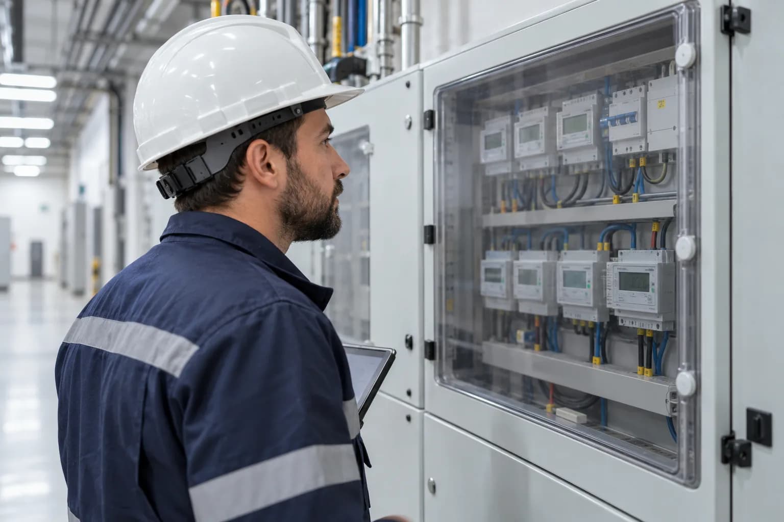 Technician inspecting energy meters behind a protective panel cover