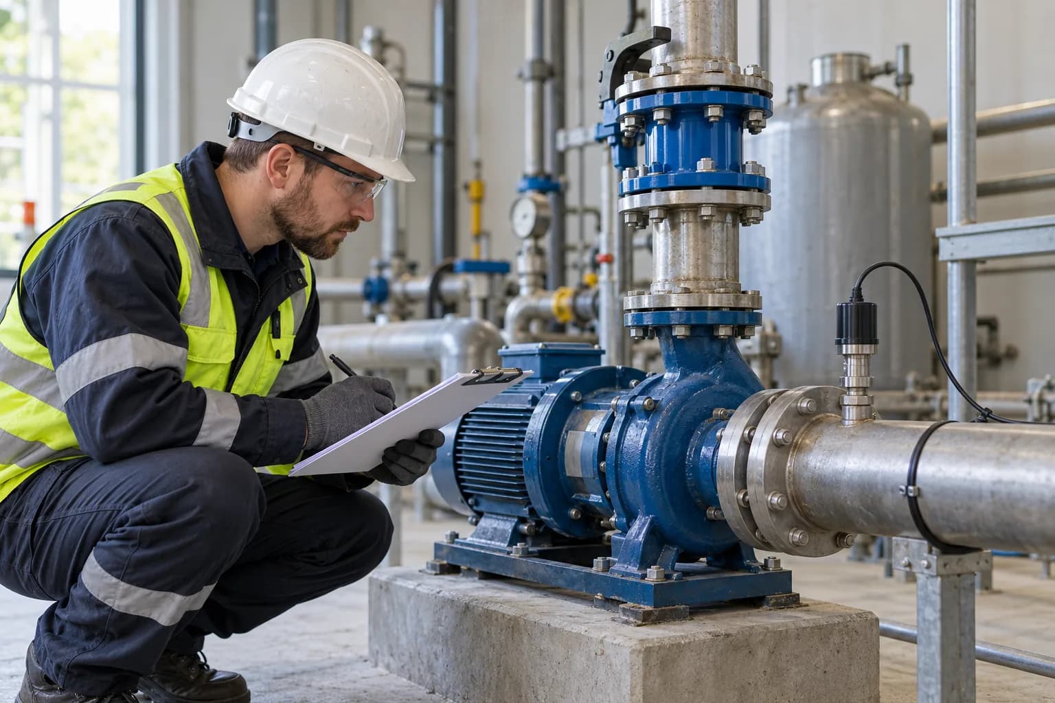 Engineer assessing sensor installation needs beside an industrial pump and pipework