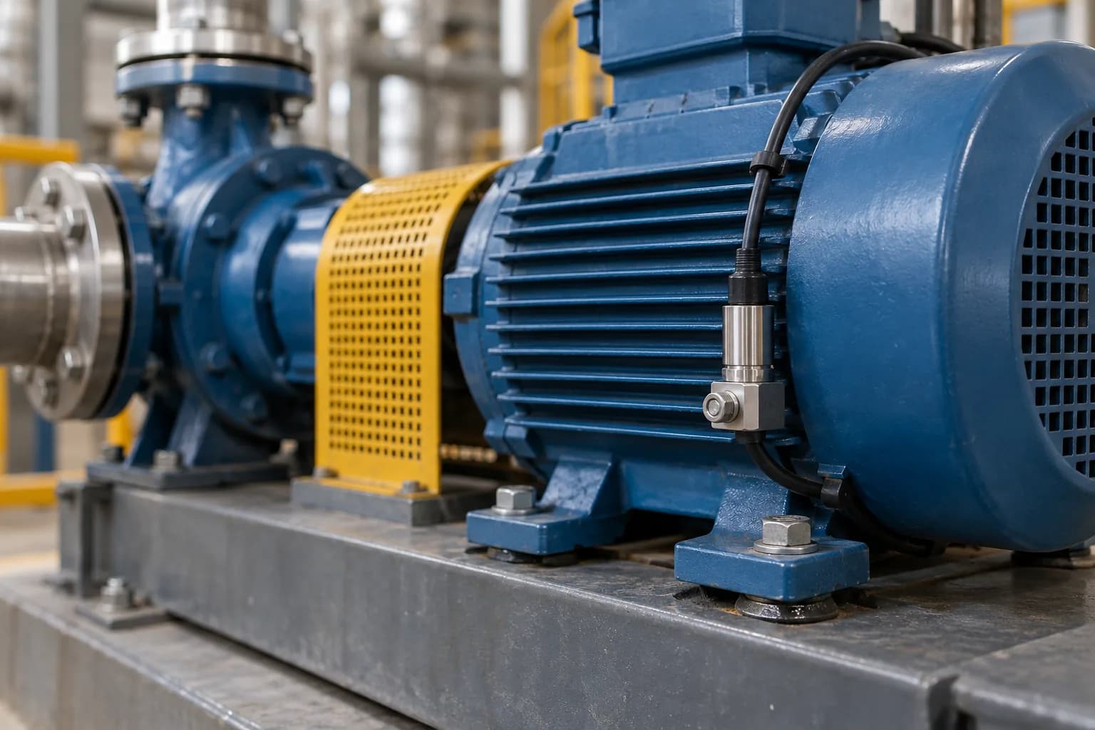 Wired vibration sensor attached to an industrial motor housing