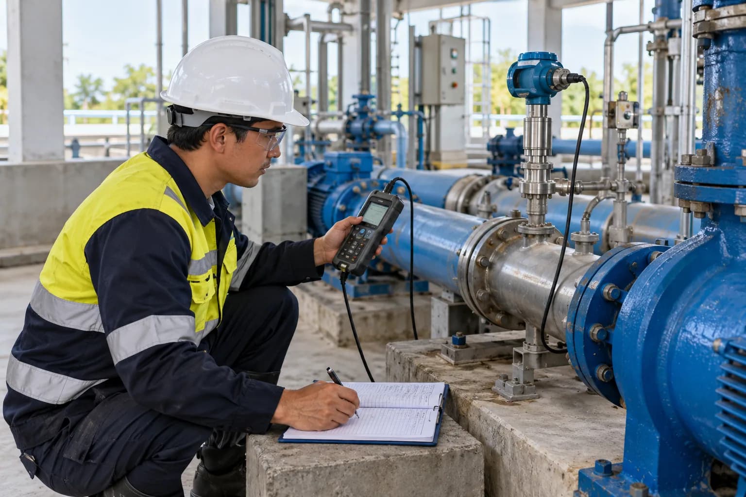 Technician checking pump sensor readings with a handheld instrument and a field notebook