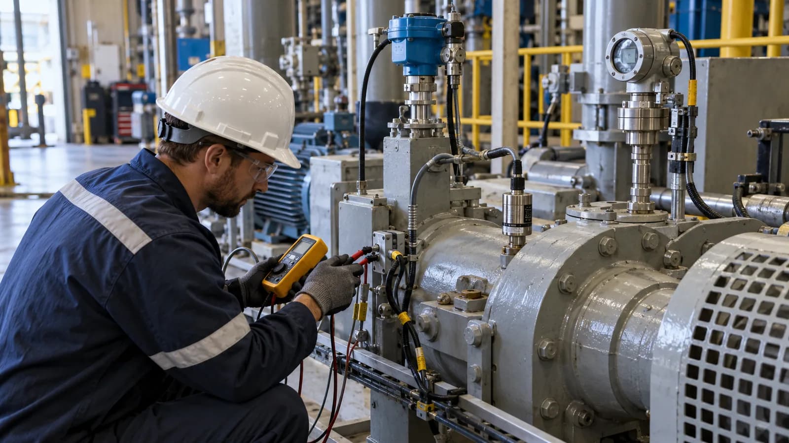 Technician checking a sensor connection on an industrial pump with a handheld instrument
