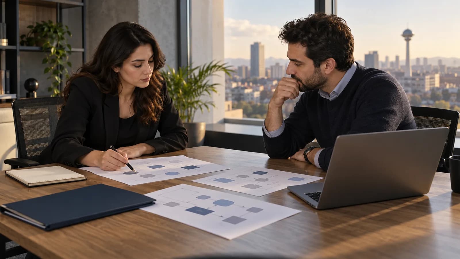Coworkers reviewing data-flow diagrams together at a meeting table