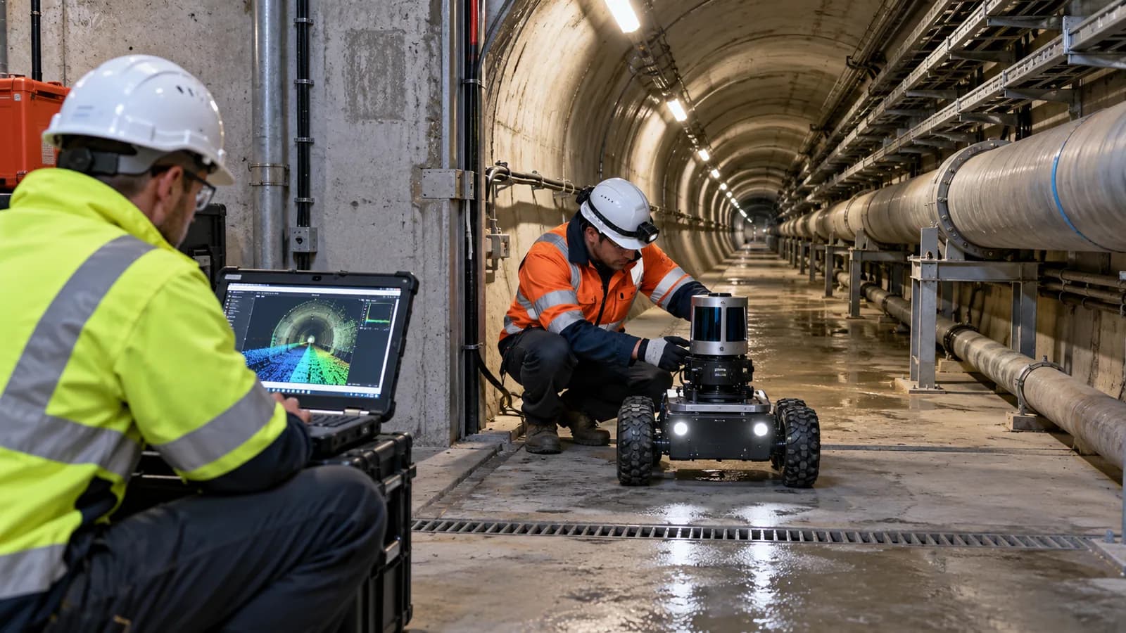 Technicians preparing a tracked LiDAR inspection platform in a service tunnel