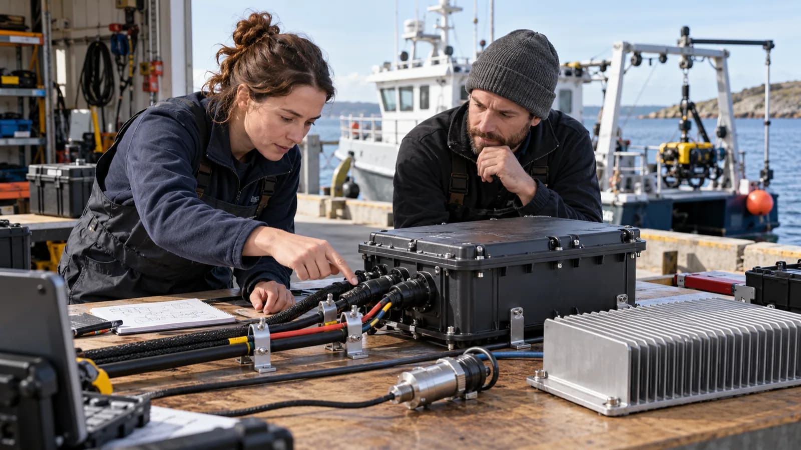 Technicians reviewing power connections and a heat sink for an inspection platform in a marine workshop