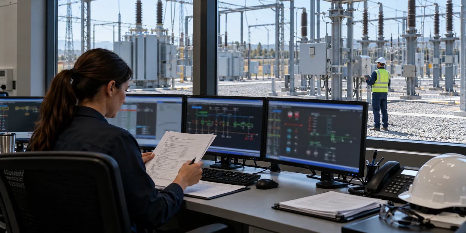 Elektrik şalt sahasına bakan kontrol odasında ekranları ve yazılı kayıtları inceleyen operatör