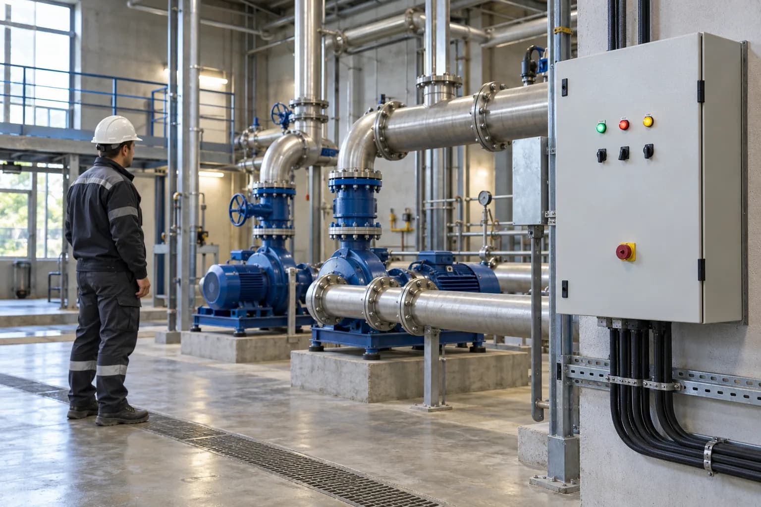 Pompa istasyonundaki kontrol panosu ve saha ekipmanını inceleyen teknisyen