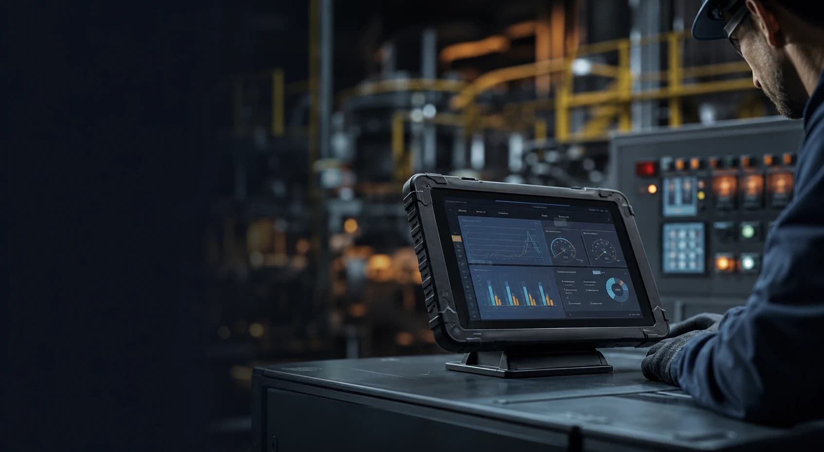 Enterprise industrial product environment with rugged device interfaces, control dashboards and operational monitoring surfaces.