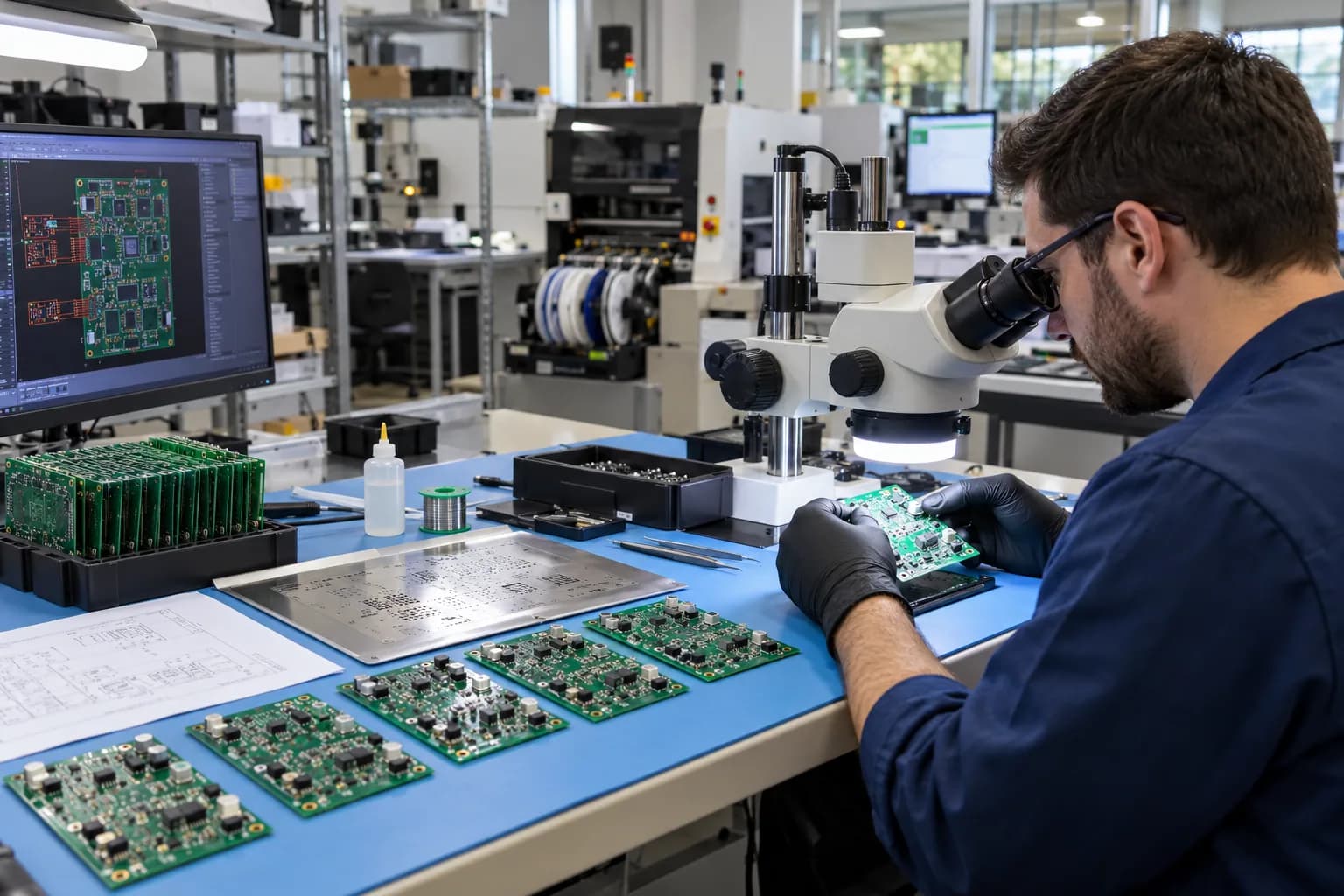 Electronics engineer inspecting assembled circuit boards under a microscope on a production workbench