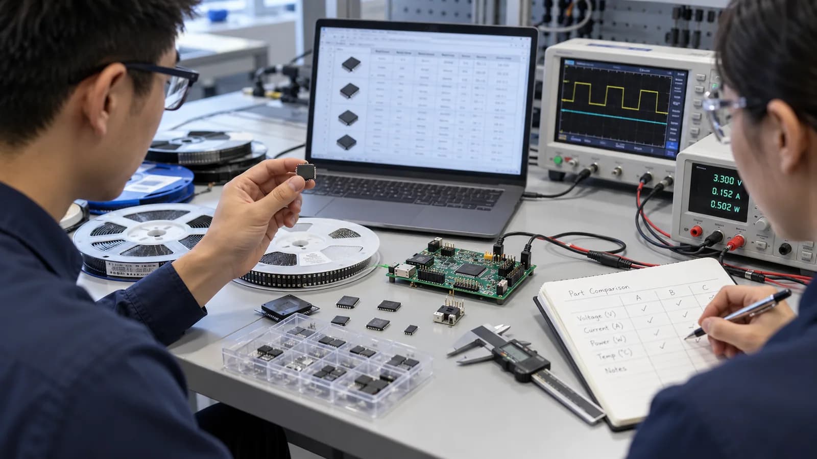 Engineers reviewing electronic components, a circuit board and measurement instruments on a workbench