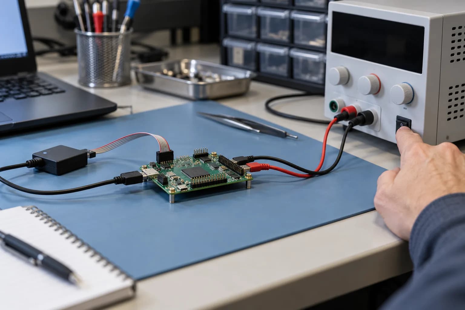 Laboratory setup for power interruption and firmware recovery testing on an embedded board