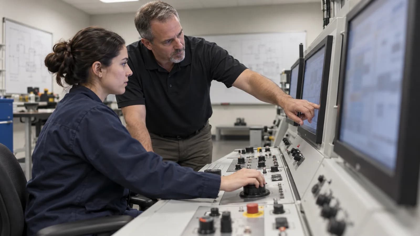 Instructor guiding an operator through controls on a physical training console