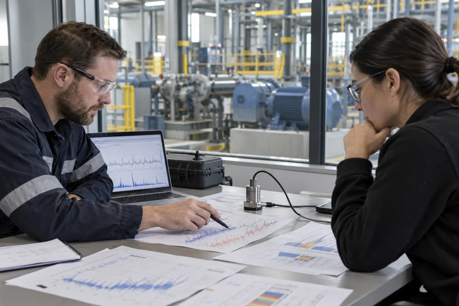 Engineers comparing printed time-series plots with a laptop beside factory equipment