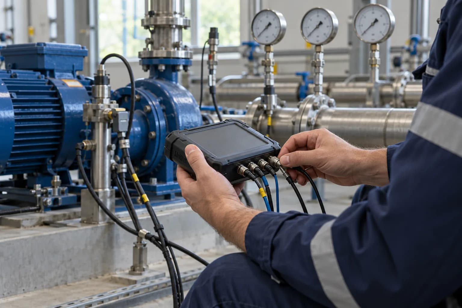 Engineer checking a portable data logger connected to sensors at a pump test rig