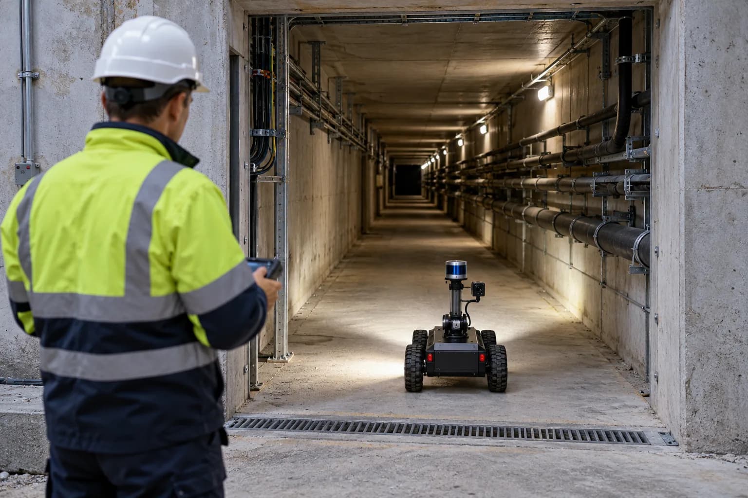 Operator observing a wheeled LiDAR and camera inspection cart at a utility passage entrance