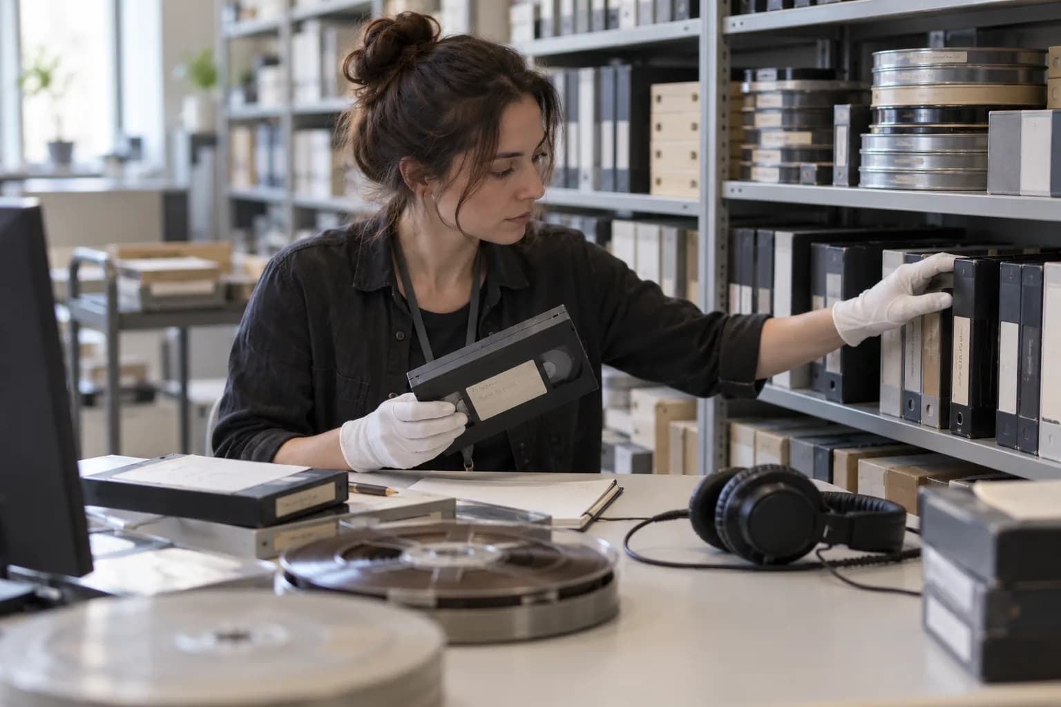 Archivist reviewing video tapes and audio archive sources