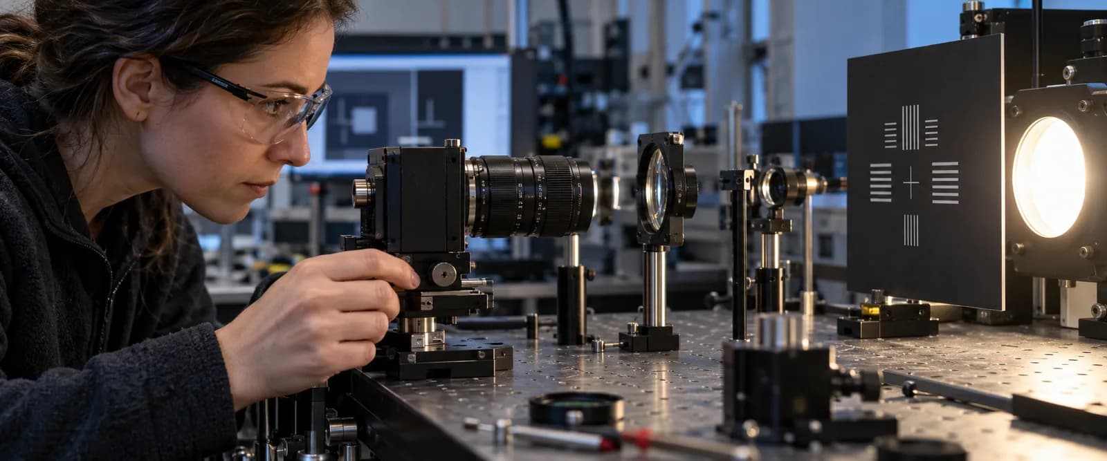 Engineer adjusting a camera and optical components on an illuminated laboratory bench