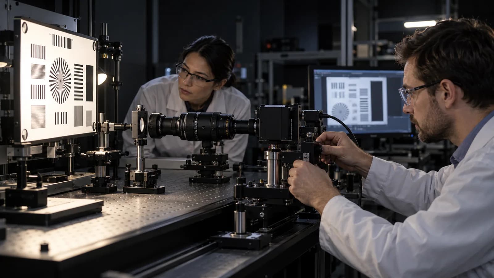 Engineers aligning a camera with an illuminated resolution test chart on an optical bench
