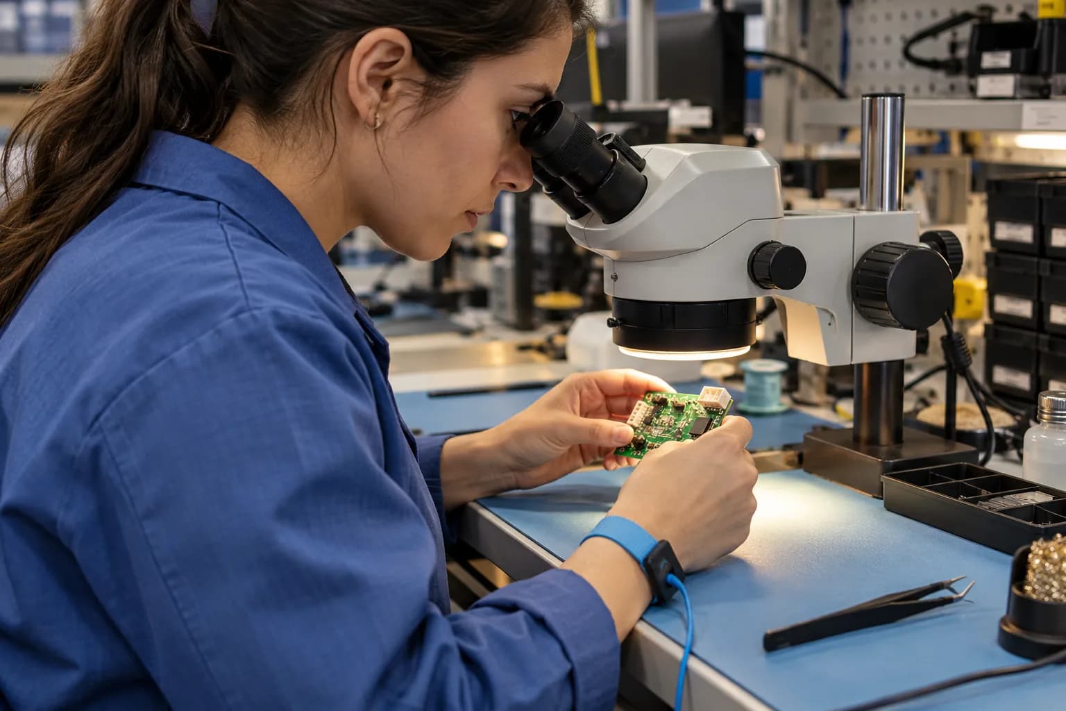 Engineer inspecting a circuit board under a microscope at an antistatic workbench