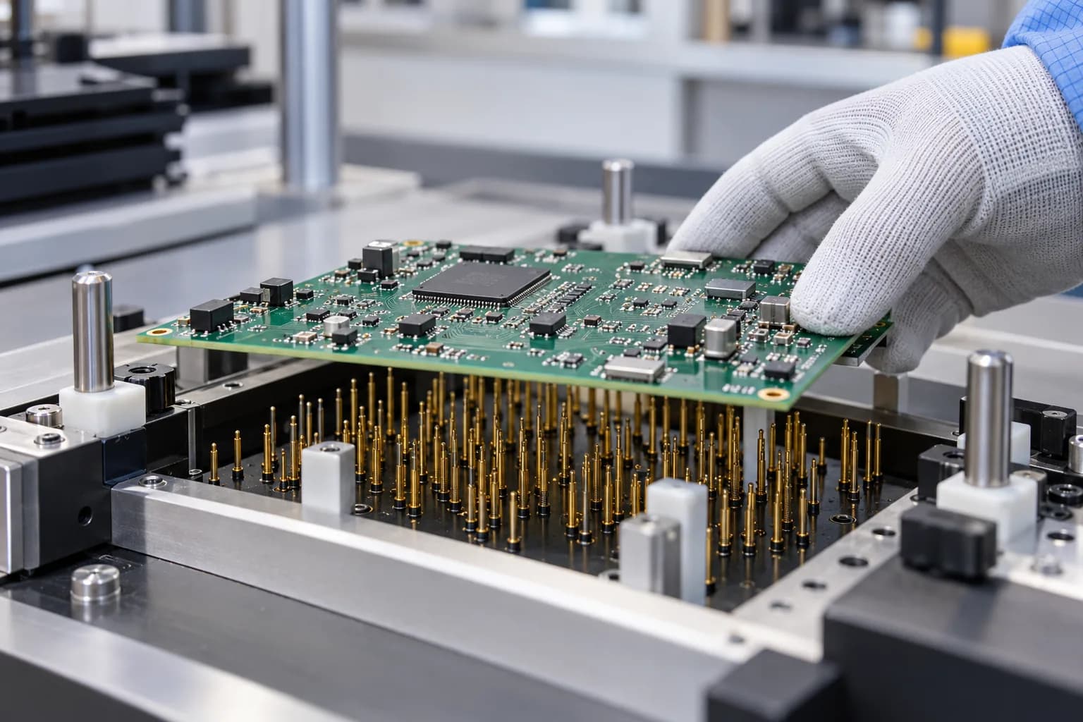 Circuit board positioned in a spring-probe production test fixture