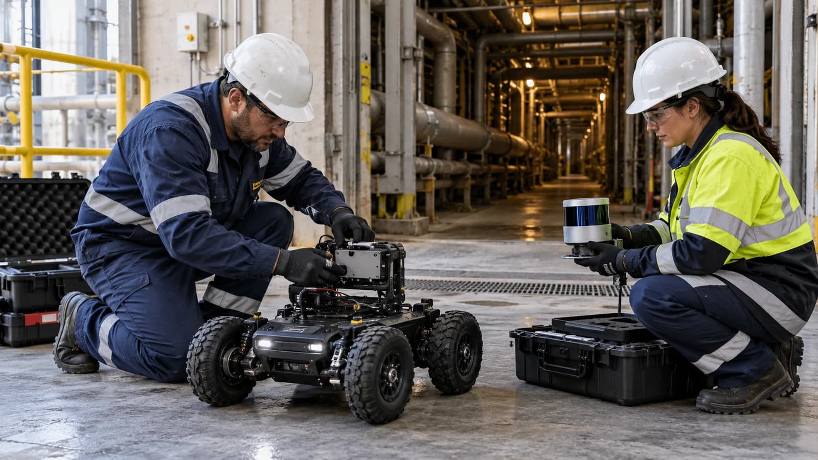 Technicians setting up a wheeled inspection platform and its sensor equipment inside an industrial facility