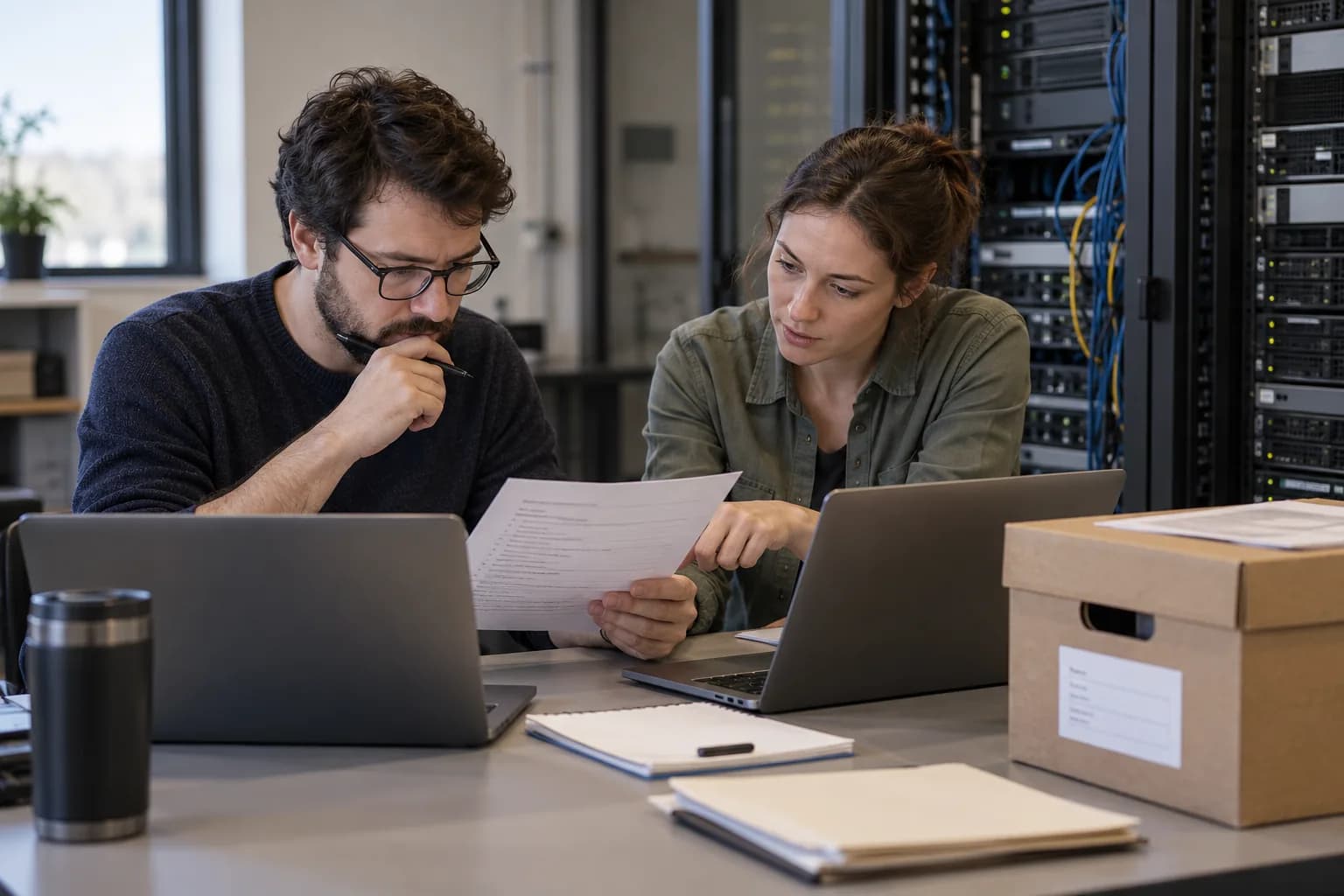 Two engineers reviewing a release checklist beside server equipment