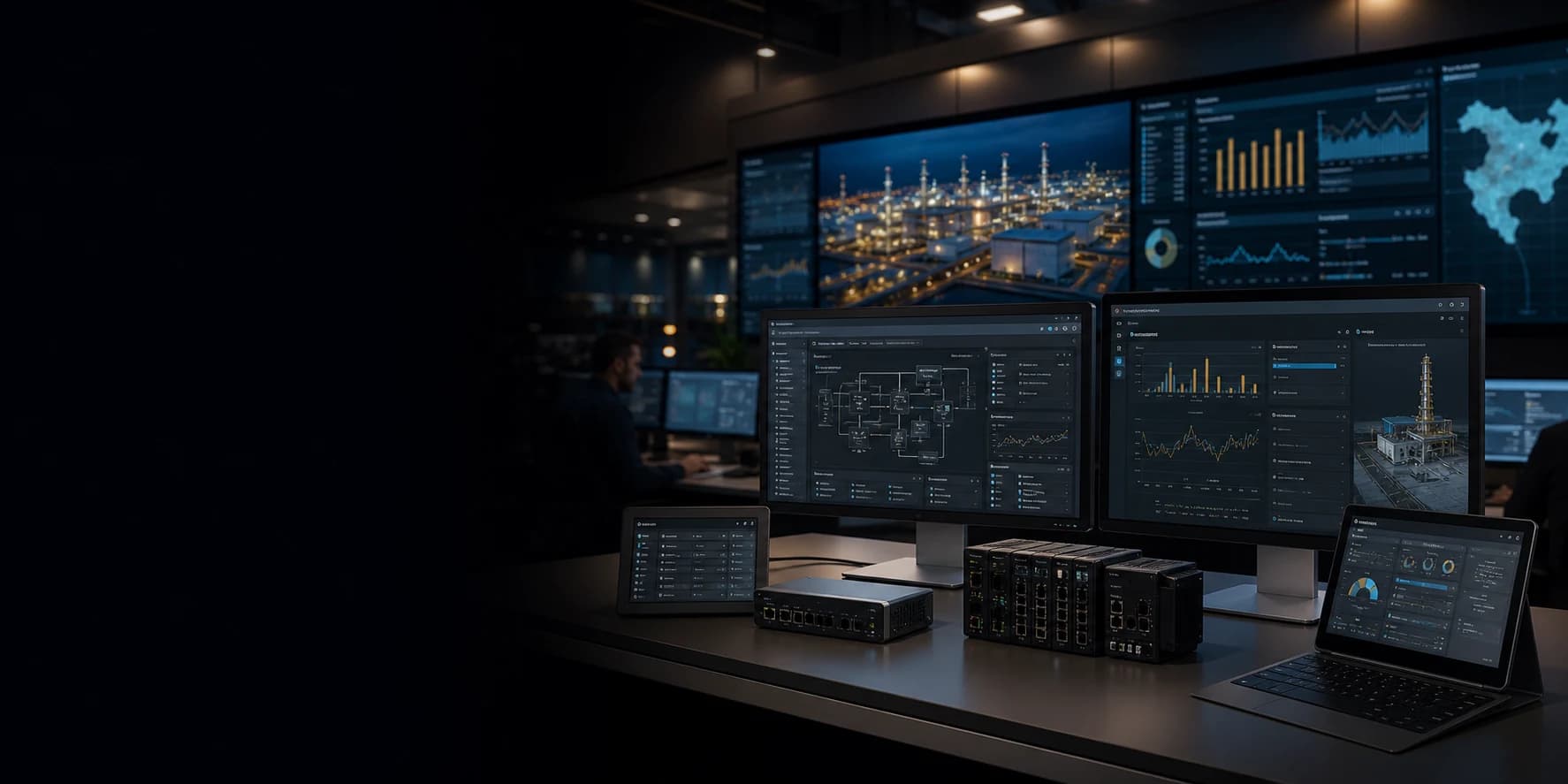 Integrated industrial platform family environment with multiple dashboards, edge systems and unified operational interfaces.