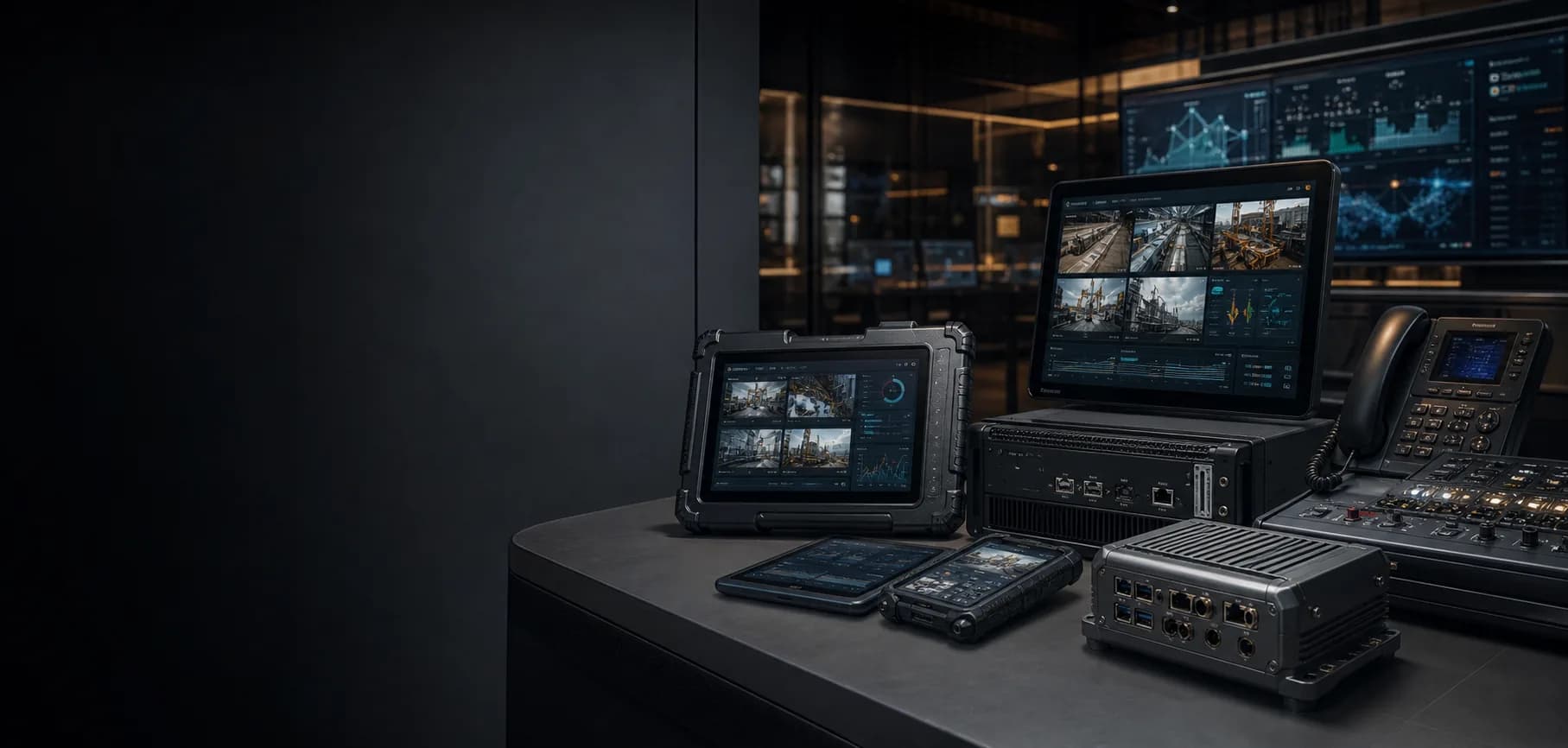 Enterprise and industrial product portfolio scene with rugged devices, dashboards and operational control interfaces.
