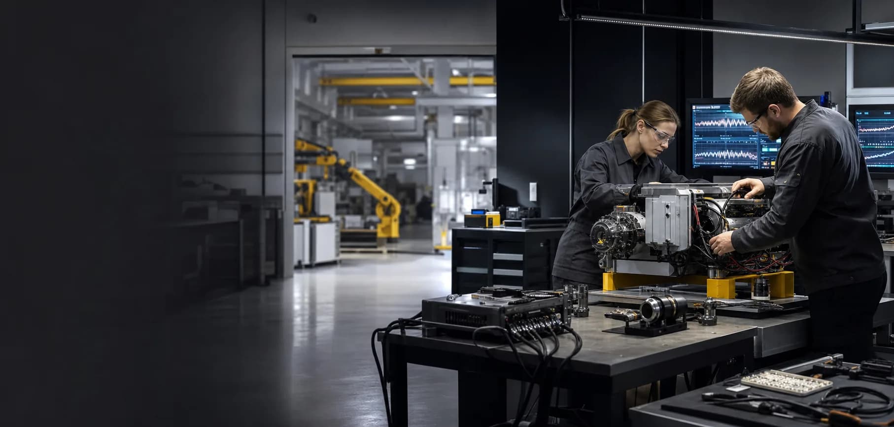 Applied research and prototyping laboratory with engineers testing a hardware system in an industrial R and D environment.