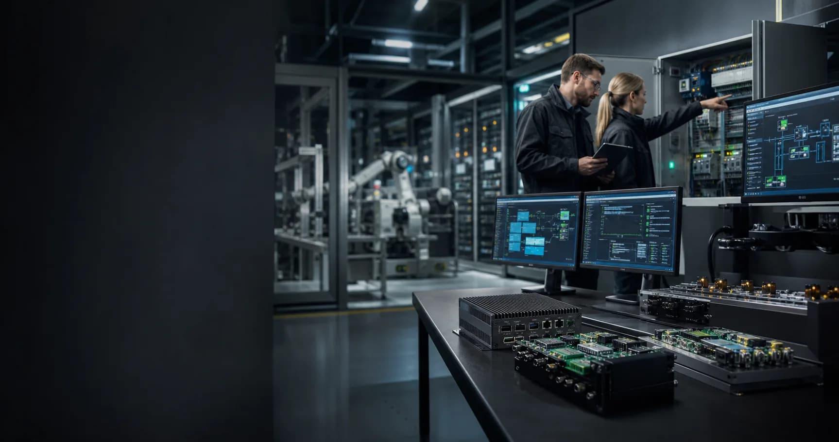 Industrial software and embedded hardware integration environment with control panels, edge devices and engineering screens.